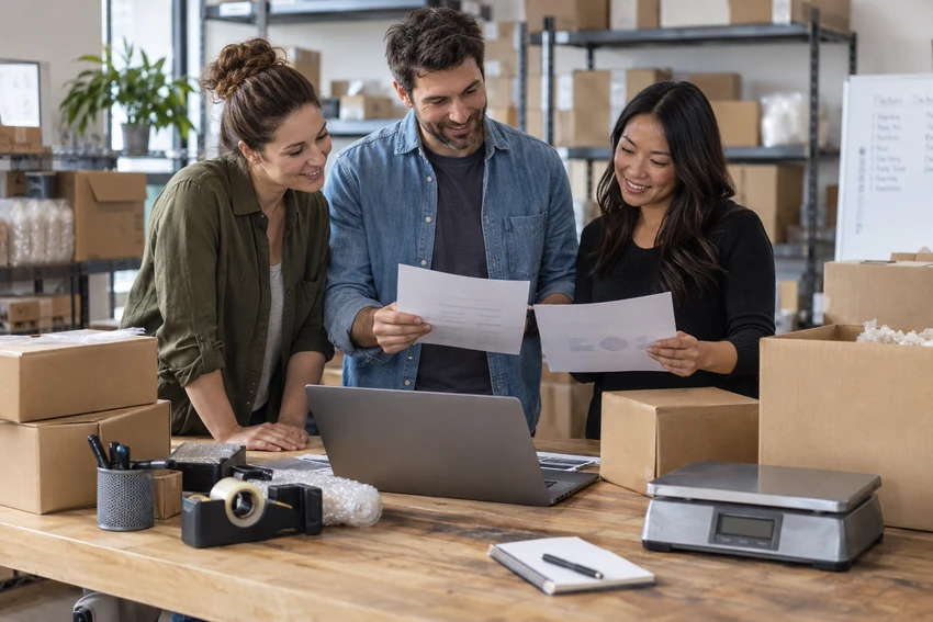 Three ecommerce sellers comparing FBA and seller-fulfilled cost scenarios in a warehouse workspace