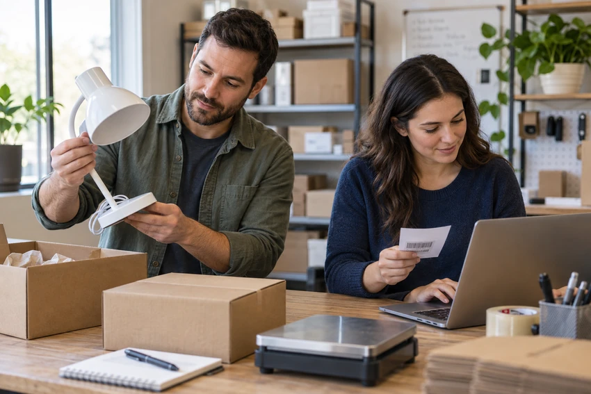 Two ecommerce sellers reviewing a desk lamp and product details before creating an eBay listing