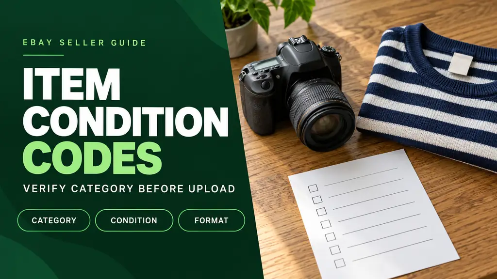 eBay item condition codes guide with used camera, folded knitwear, and category-check worksheet