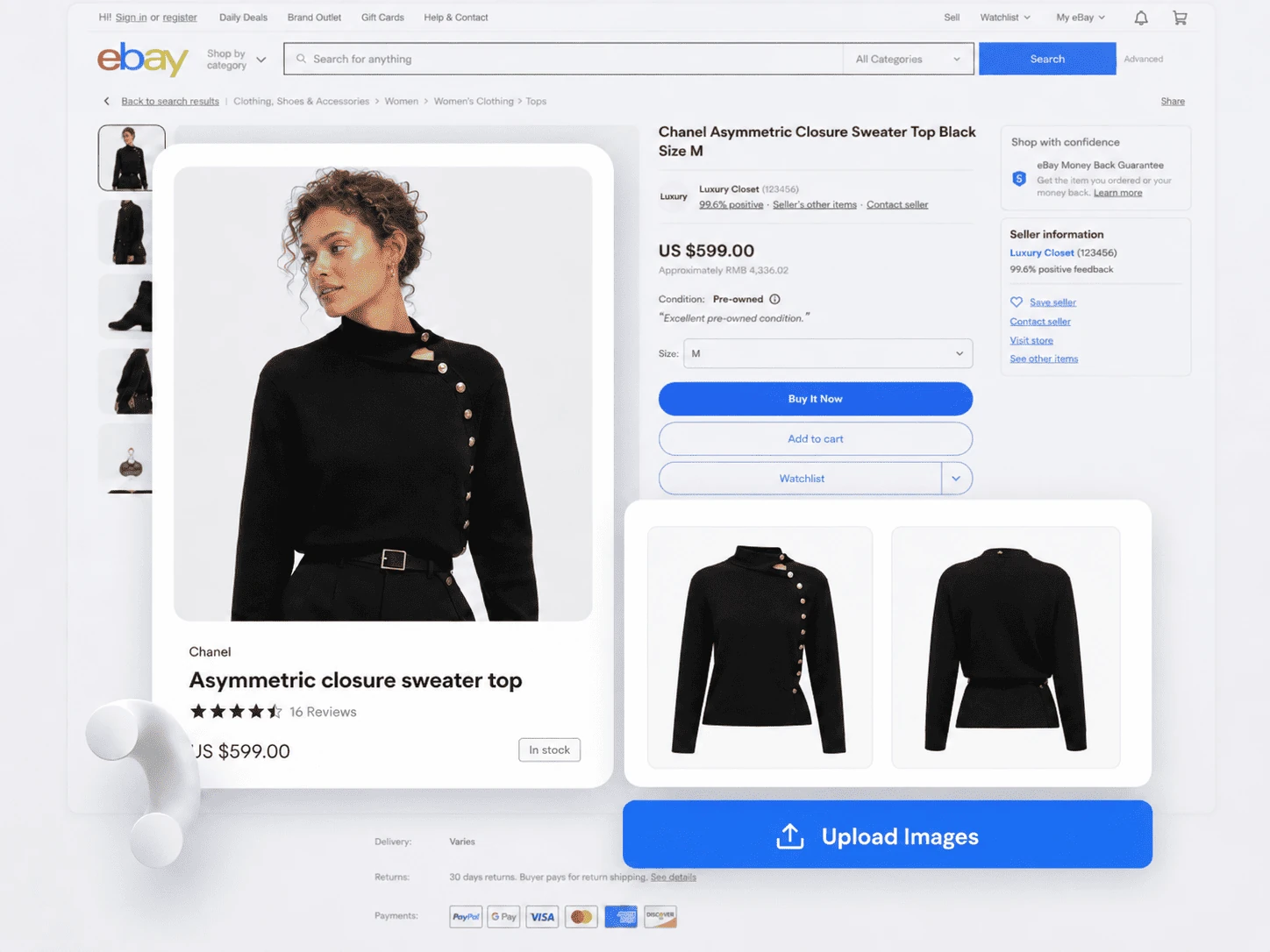Maxmerce product illustration showing clothing photos being used to prepare a reviewable eBay listing