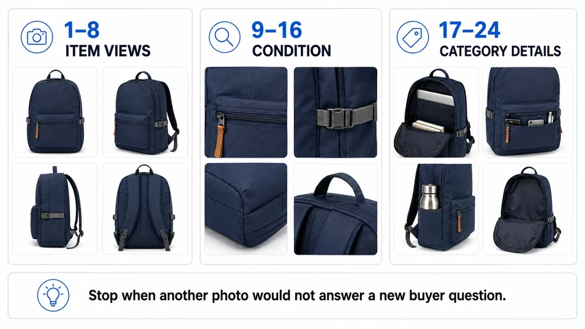 Three-stage eBay photo plan for item views, condition proof, and category-specific details