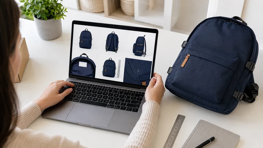 Seller compares a navy backpack with six matching product photos on an unbranded laptop screen