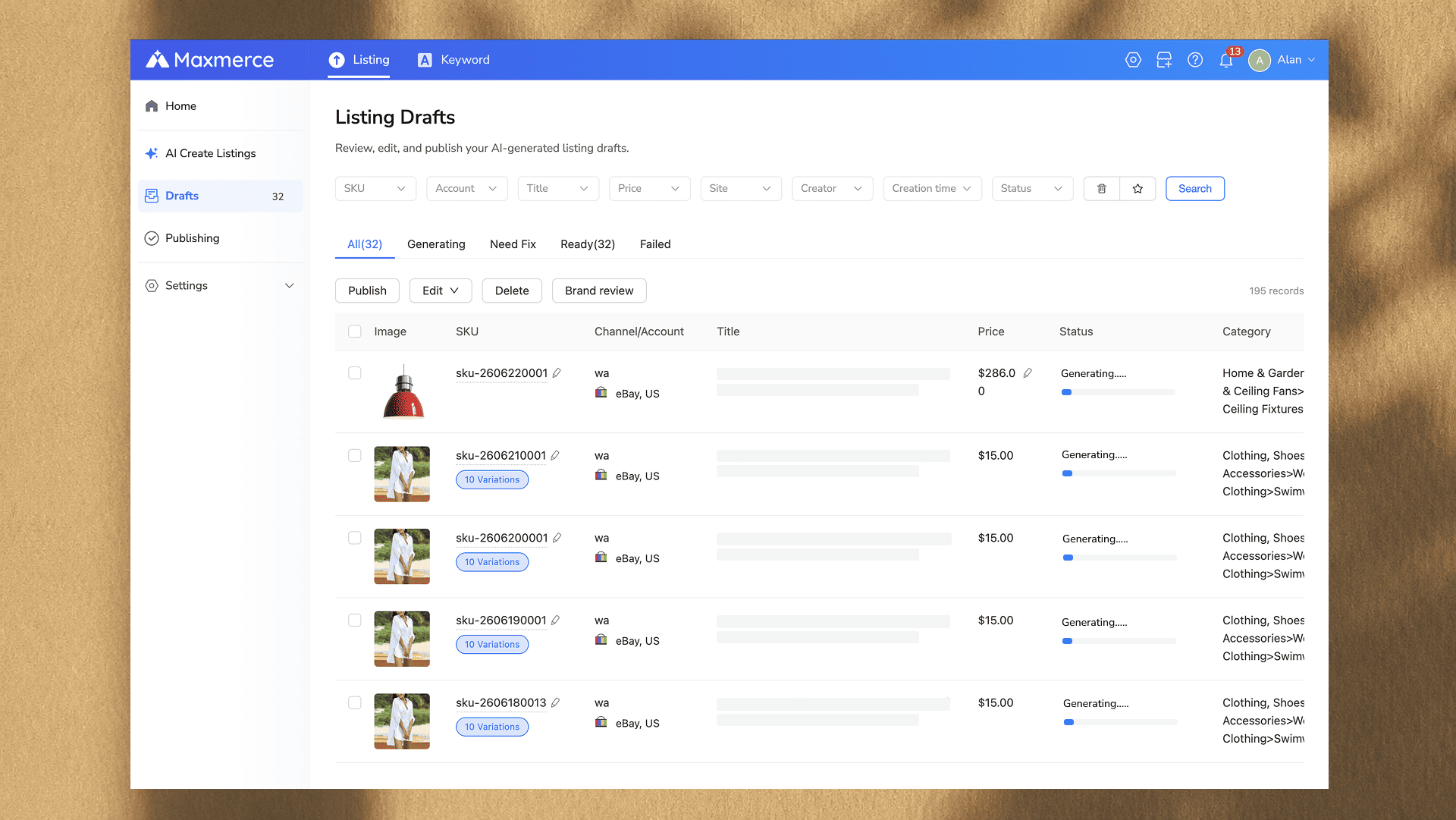Maxmerce Listing Drafts screen showing eBay variation drafts