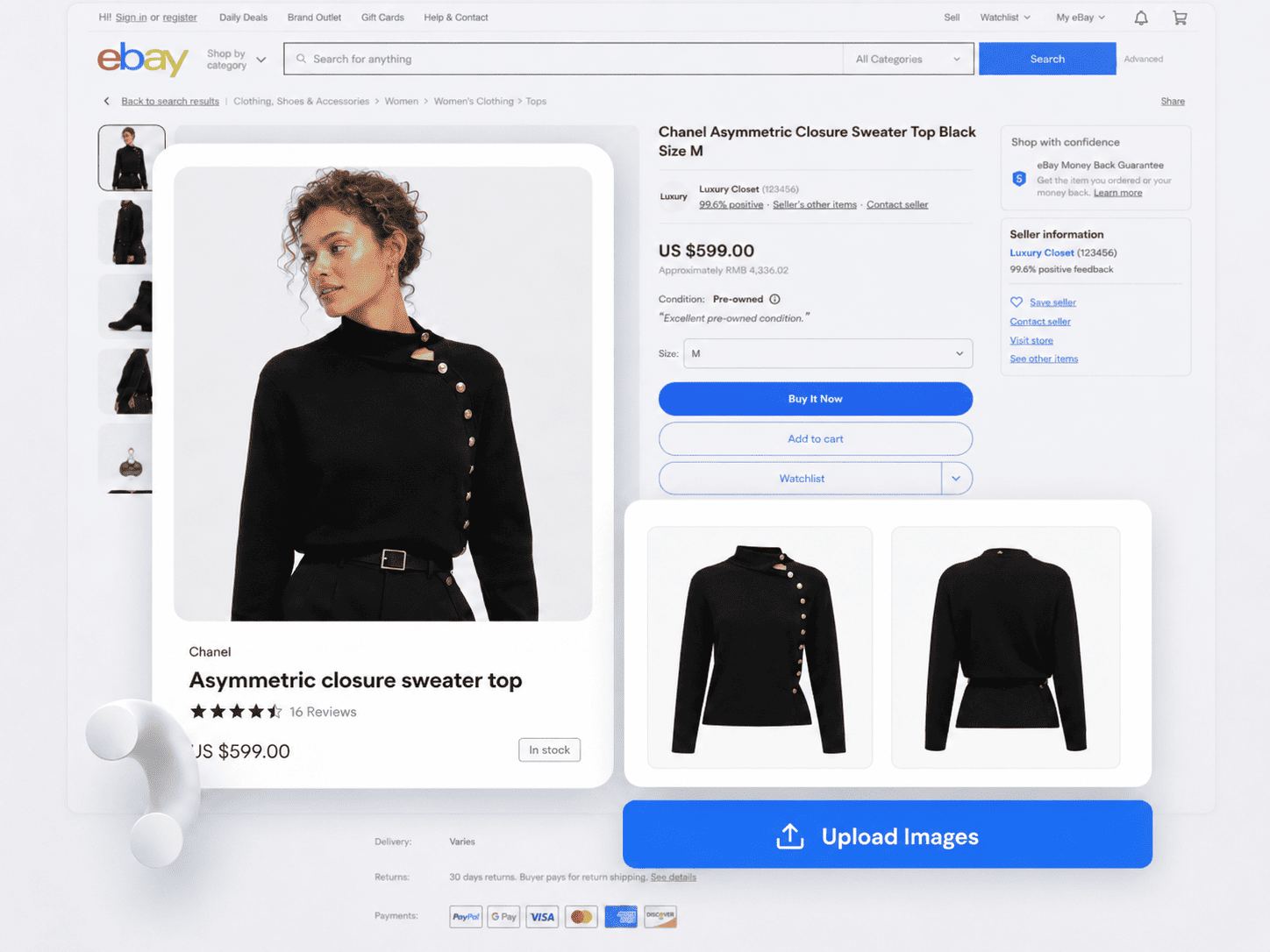 Maxmerce product illustration showing clothing photos being used to prepare a reviewable eBay listing