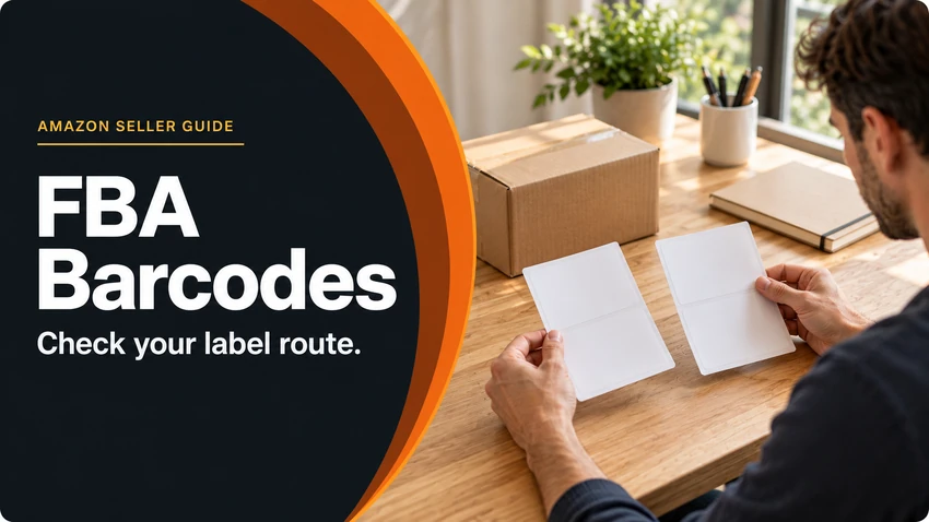 Seller checking two blank label sheets beside an unbranded boxed product