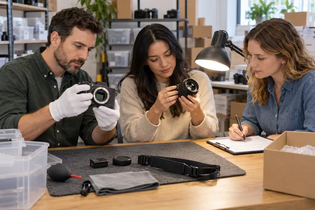 US resale team inspecting a used camera body and lens before assigning an eBay condition code