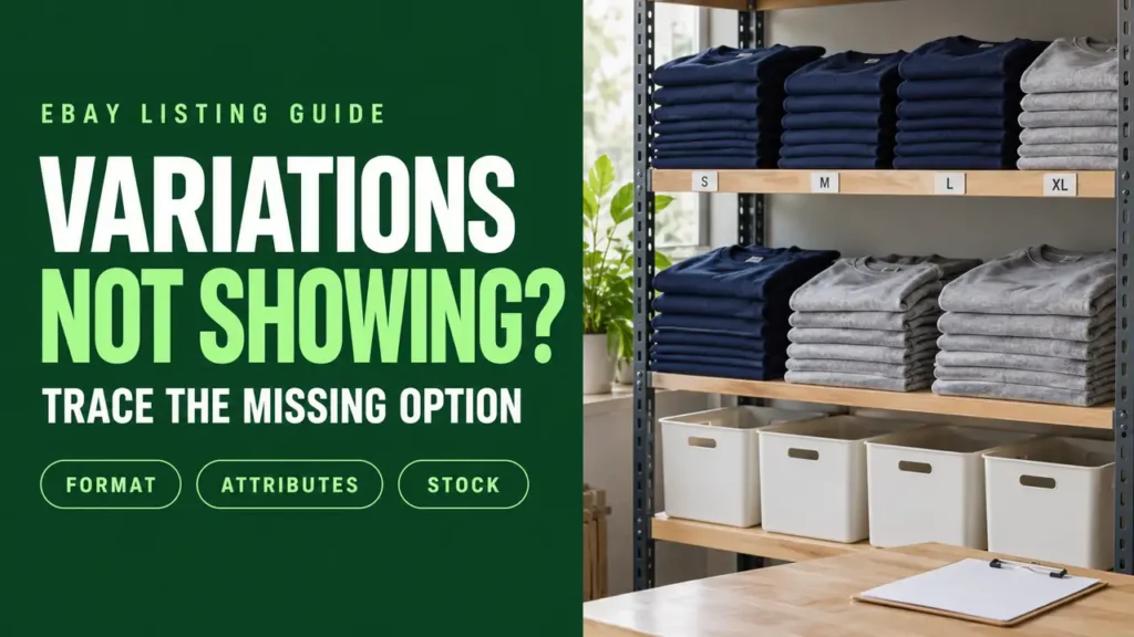eBay variations troubleshooting guide with labeled apparel inventory
