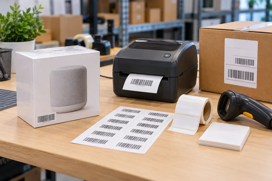 Unbranded product, thermal label printer, barcode label sheet and handheld scanner on a warehouse bench
