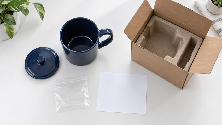 Navy mug and matching lid laid out separately beside an open return carton and protective packaging