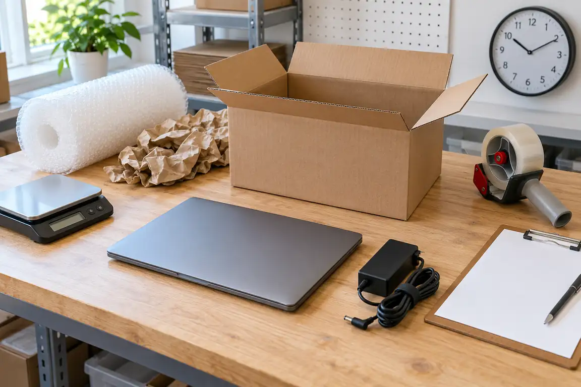 A used laptop, charger, carton, packing material, scale and clock prepared for a one-SKU handling-time check