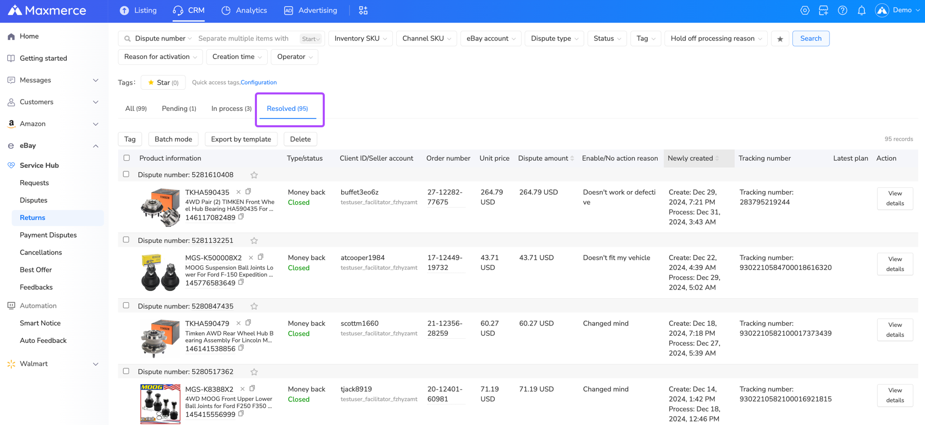 Maxmerce CRM eBay Returns workspace showing closed requests in the Resolved tab