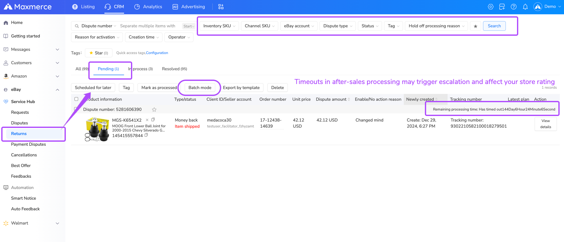 Maxmerce CRM eBay Returns workspace with pending, in-process and resolved status tabs