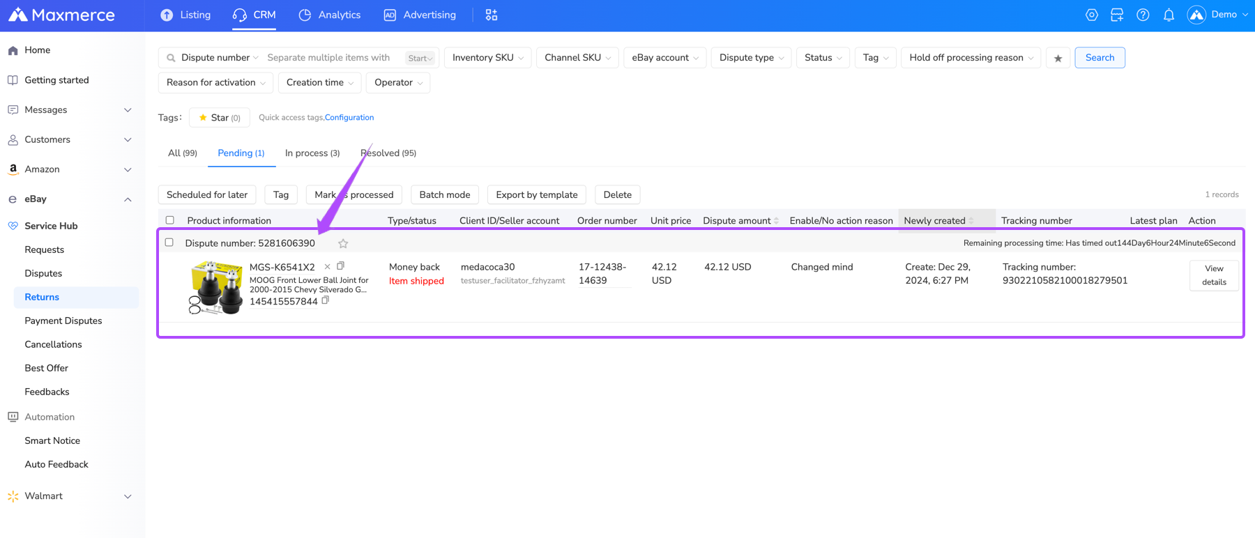 Maxmerce CRM eBay Returns workspace showing the Handle returns action for an open request
