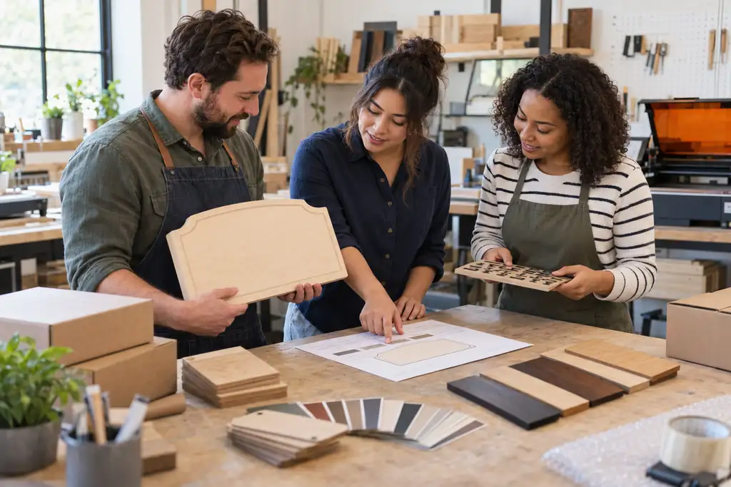 Three US craft-business coworkers checking a personalized wooden sign order before production