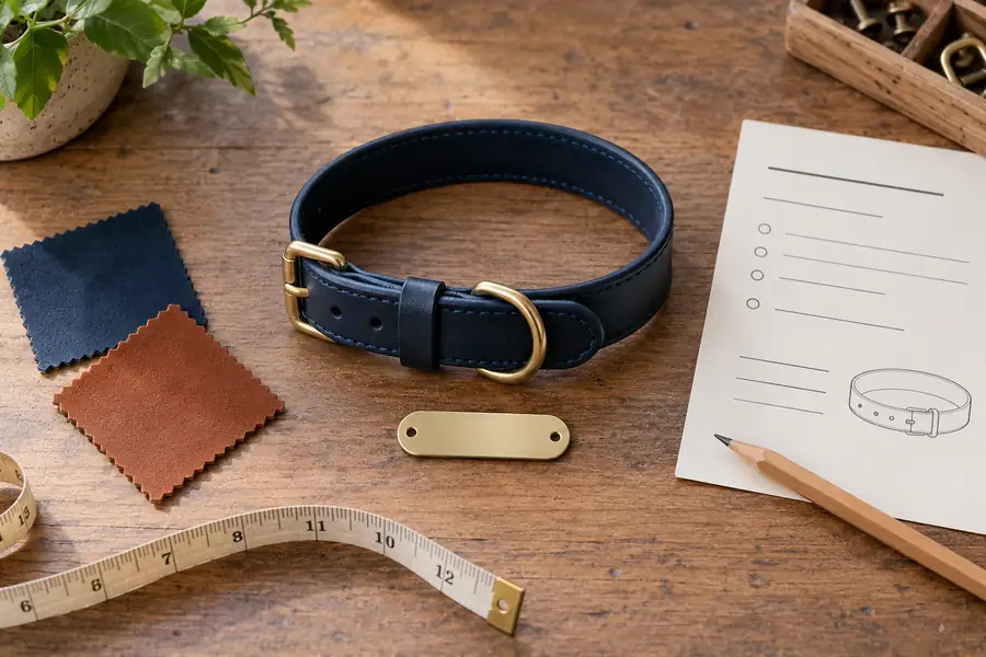Navy leather dog collar, blank nameplate, color swatches and order checklist prepared for personalization