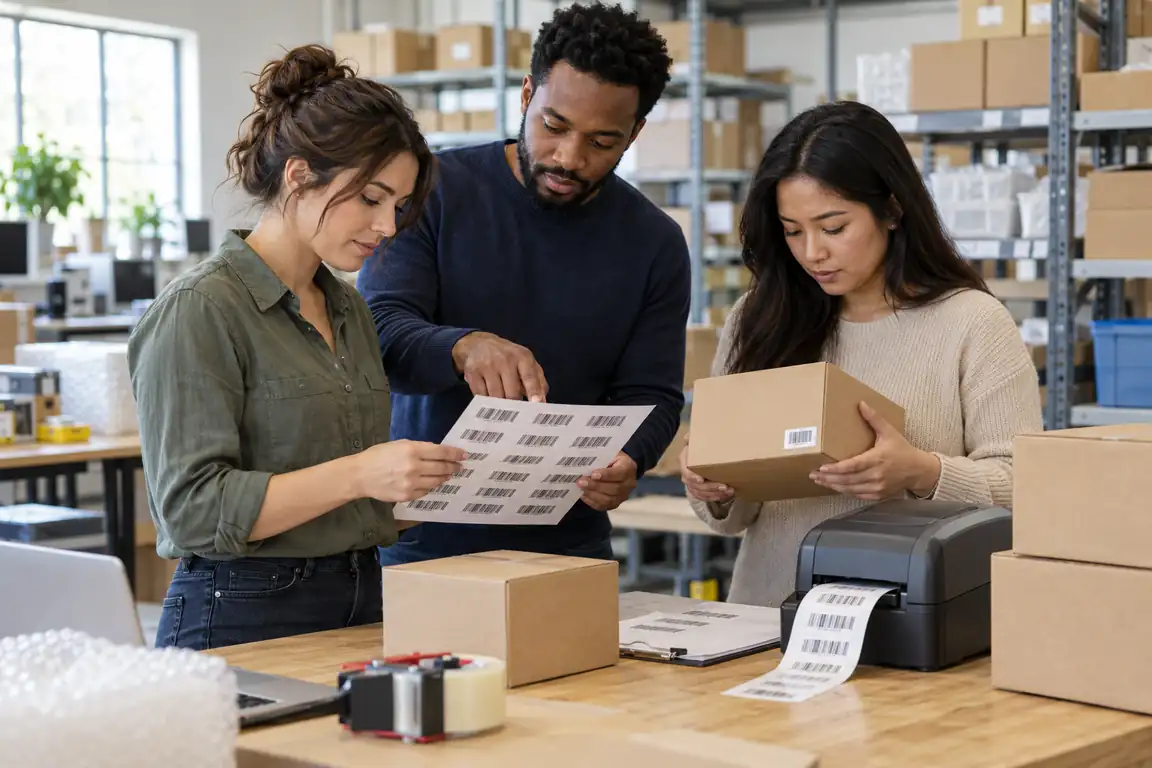 Three coworkers at a US warehouse checking an FNSKU-style label sheet against an unbranded product box