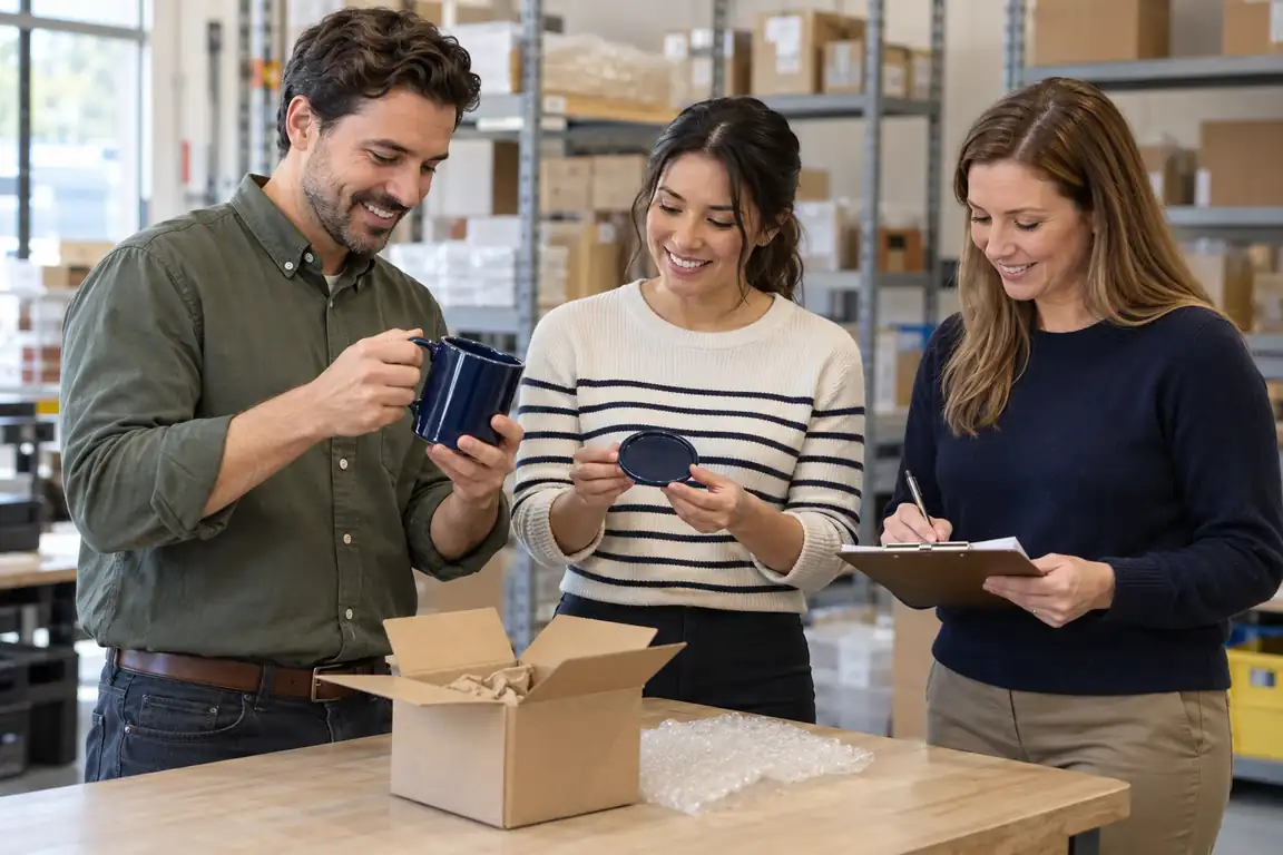 Three coworkers in a US small-business warehouse reconciling a returned navy mug, lid and packaging