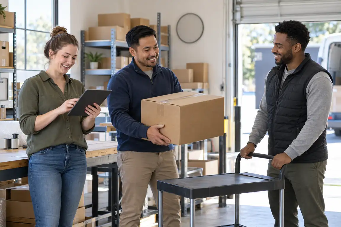 Three coworkers in a US small-business warehouse completing a parcel handoff beside a packing station