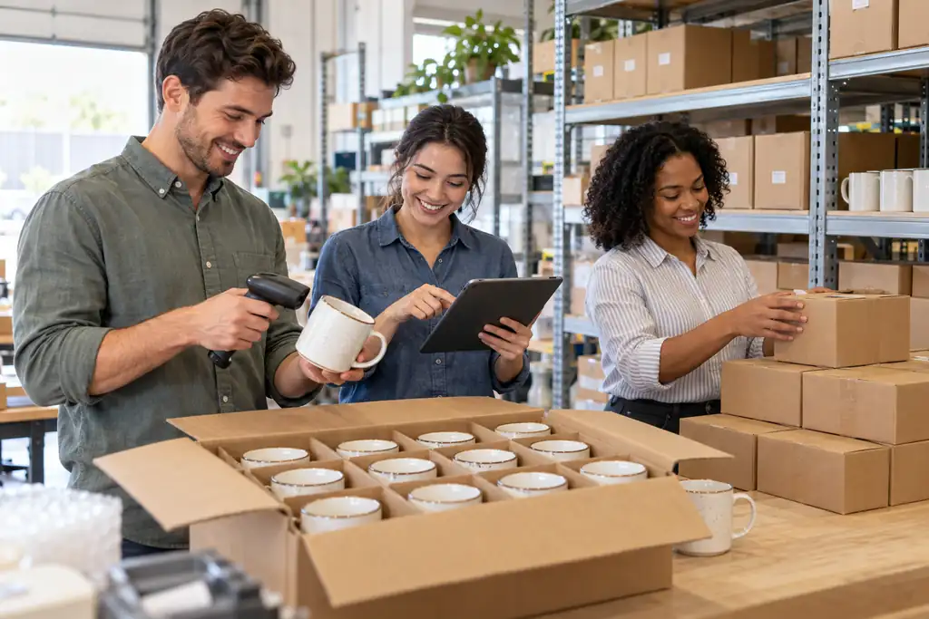 US warehouse team verifying mug inventory before restocking an eBay listing