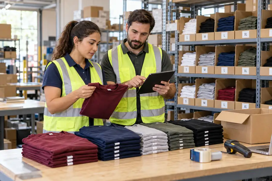 Two US ecommerce warehouse workers checking apparel color and size variations against inventory records