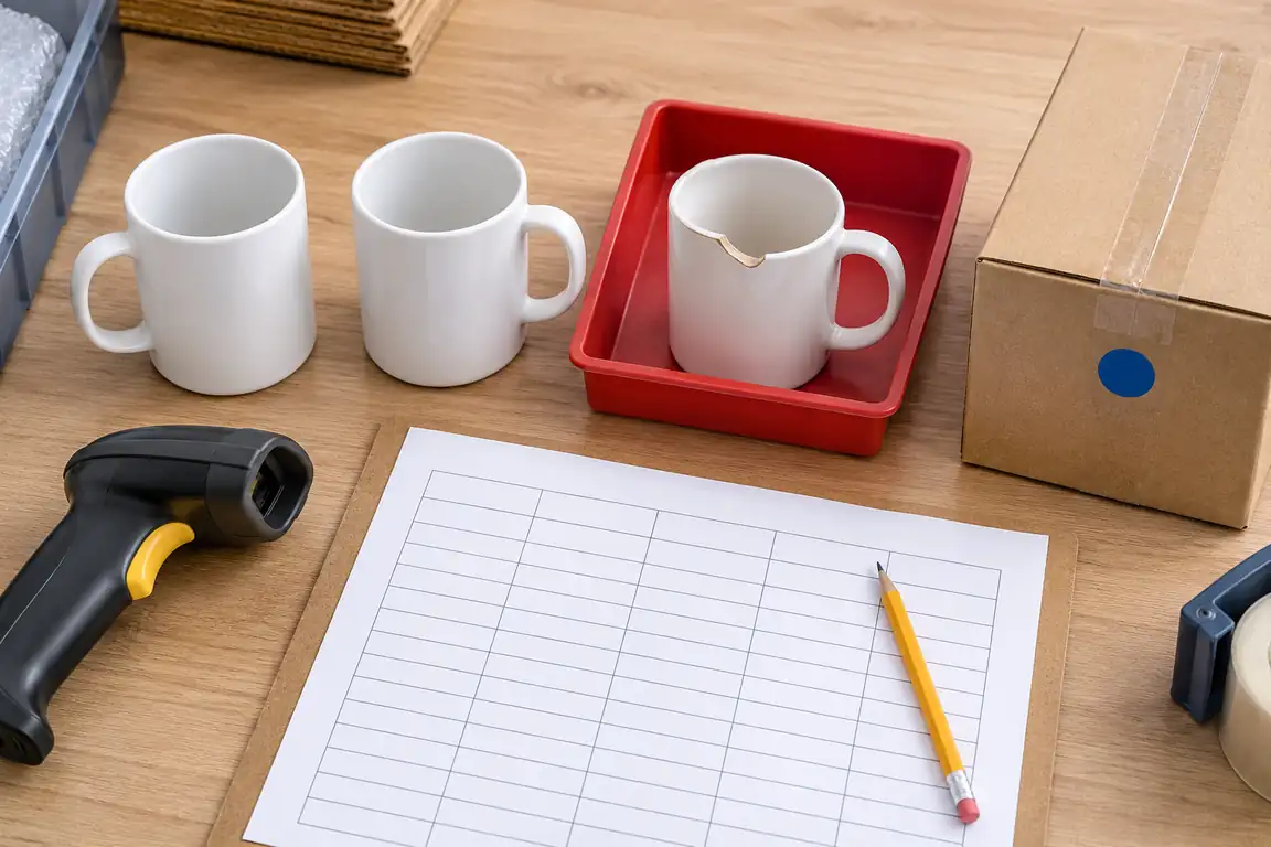 Two sellable mugs beside one damaged mug and one reserved carton during a stock count