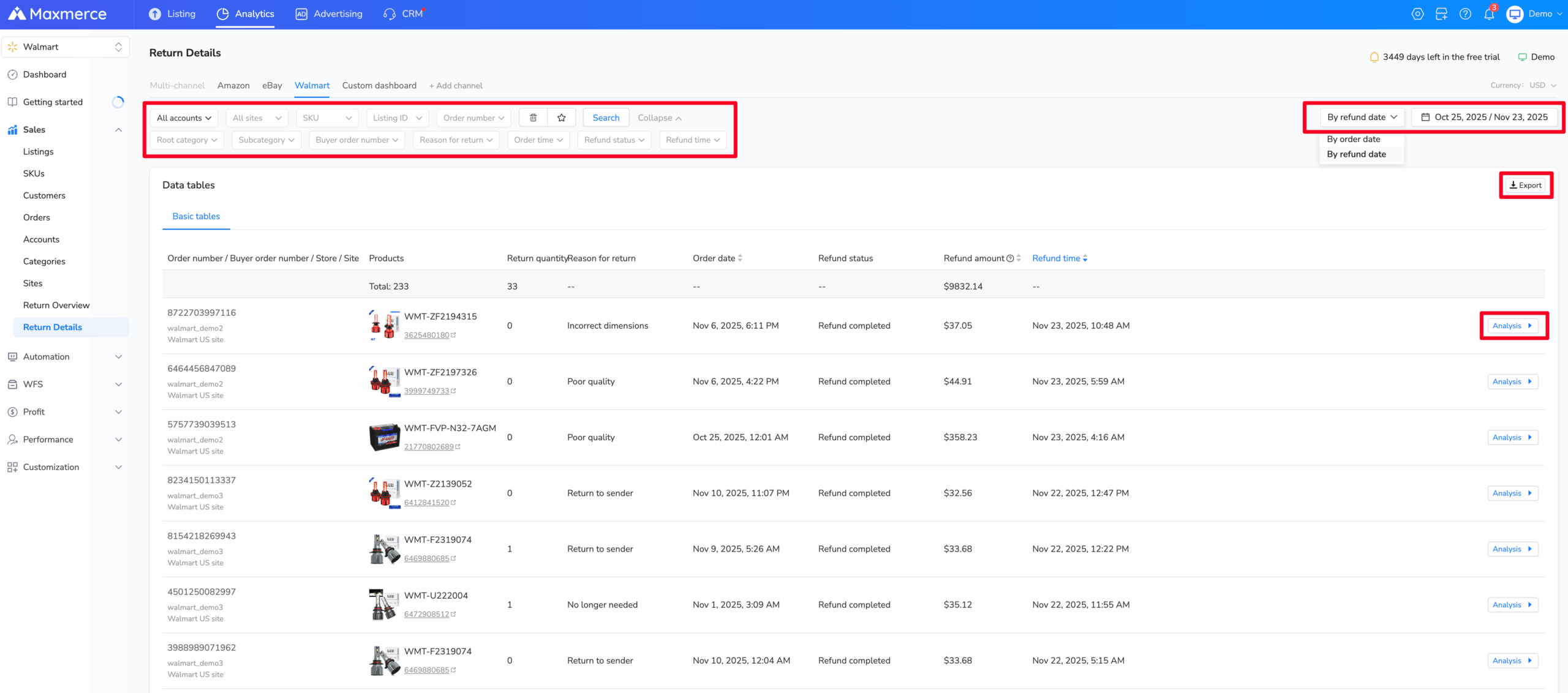 Maxmerce Walmart Return Details with order, SKU, reason and refund-status filters