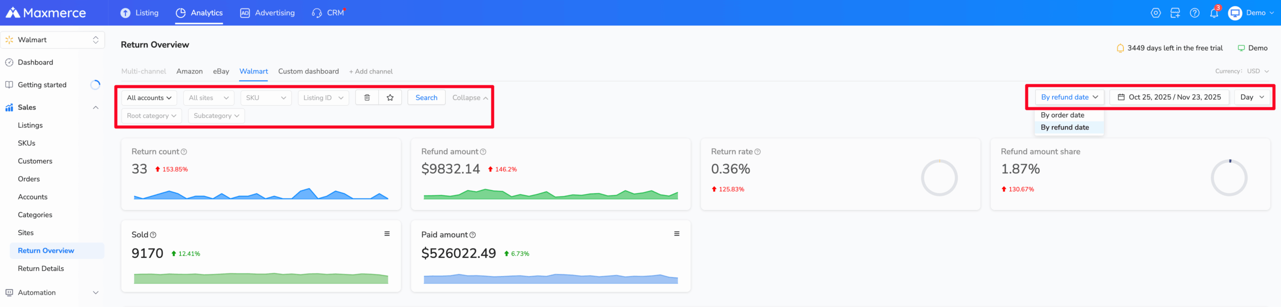 Maxmerce Walmart Return Overview with refund-date filters and return metrics