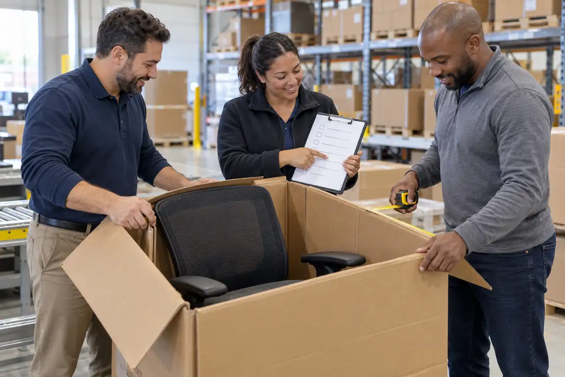 Three warehouse coworkers inspecting a returned office chair against a condition checklist