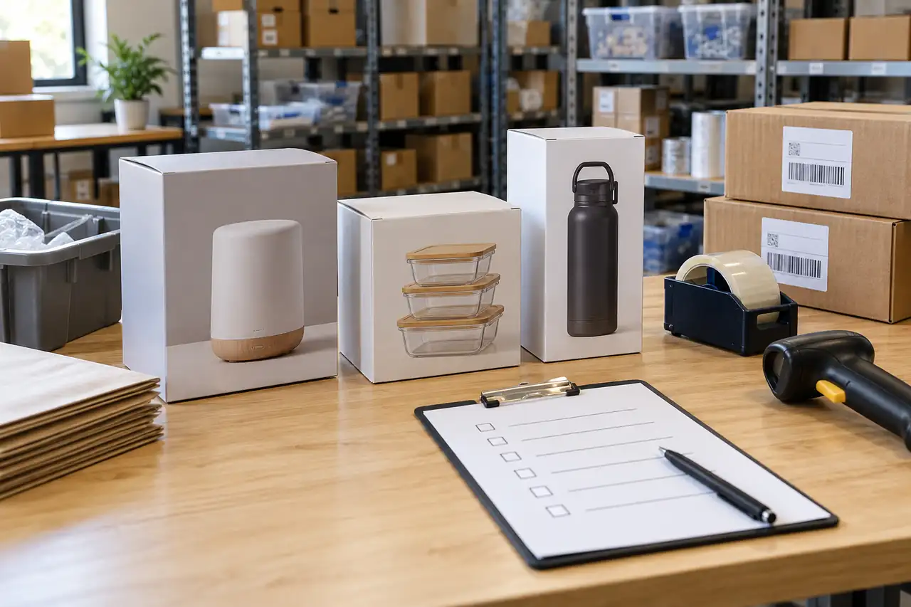 New product samples and an enrollment-readiness checklist at a US fulfillment workbench