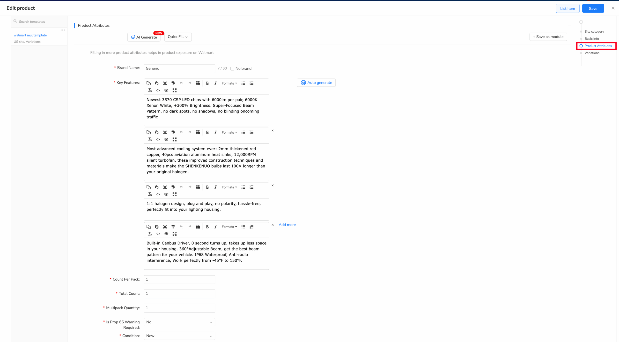 Maxmerce Walmart listing workspace showing key features and product attributes