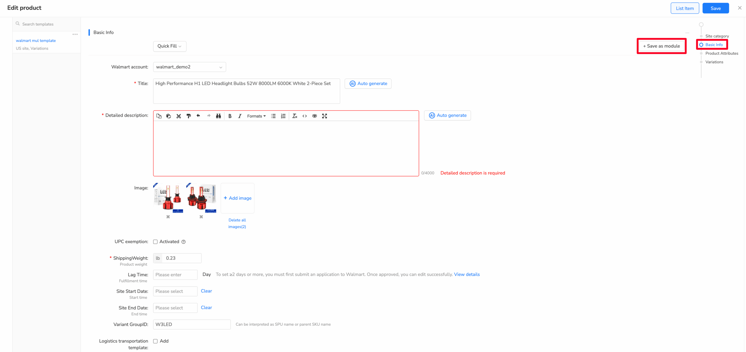 Maxmerce Walmart listing workspace showing editable title and description fields